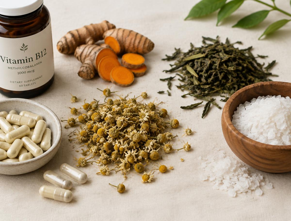 Natural nerve-support ingredients: B vitamins, magnesium, turmeric and chamomile