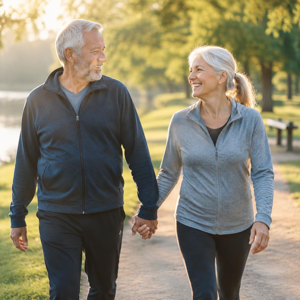 Happy senior couple walking together outdoors